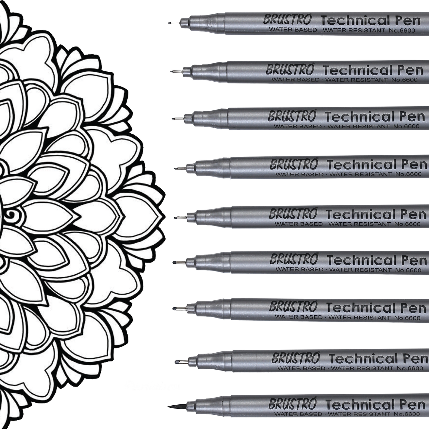 BRUSTRO Technical Pen Fineliner Set| Black| Tip Size- 0.05|0.1|0.2|0.3|0.4|0.5|0.6|0.8 mm| & Brush - Set of 9 | Ideal for Doodle,Mandala,Fineart,Architecture,Technical Drawing,Illustrations,Waterproof