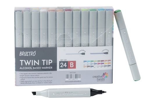 BRUSTRO Twin Tip Alcohol Based Marker Set of 24 Basic (B) in Crossline PP See Through Box