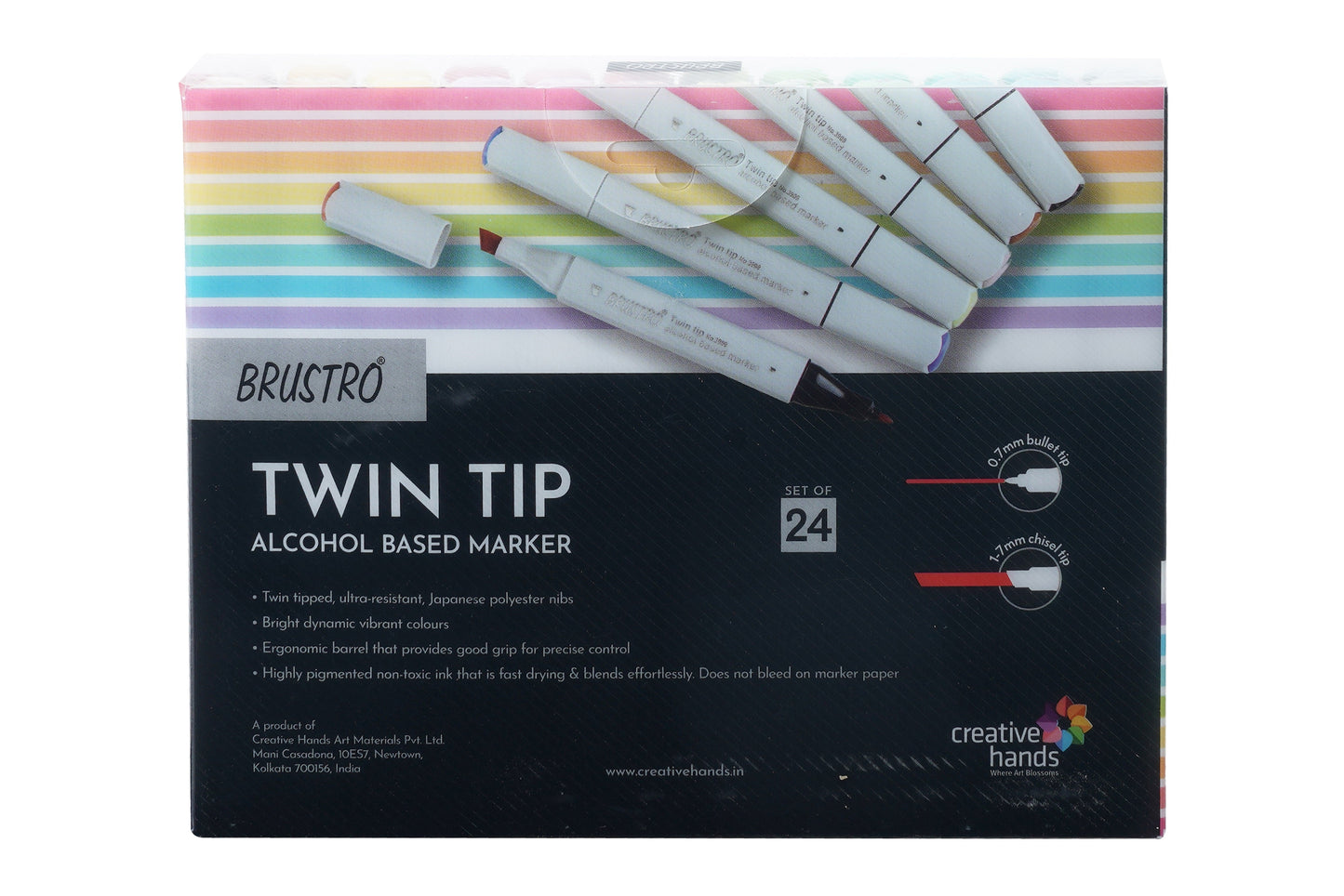 BRUSTRO Twin Tip Alcohol Based Marker Set of 24 Basic (B) in Crossline PP See Through Box