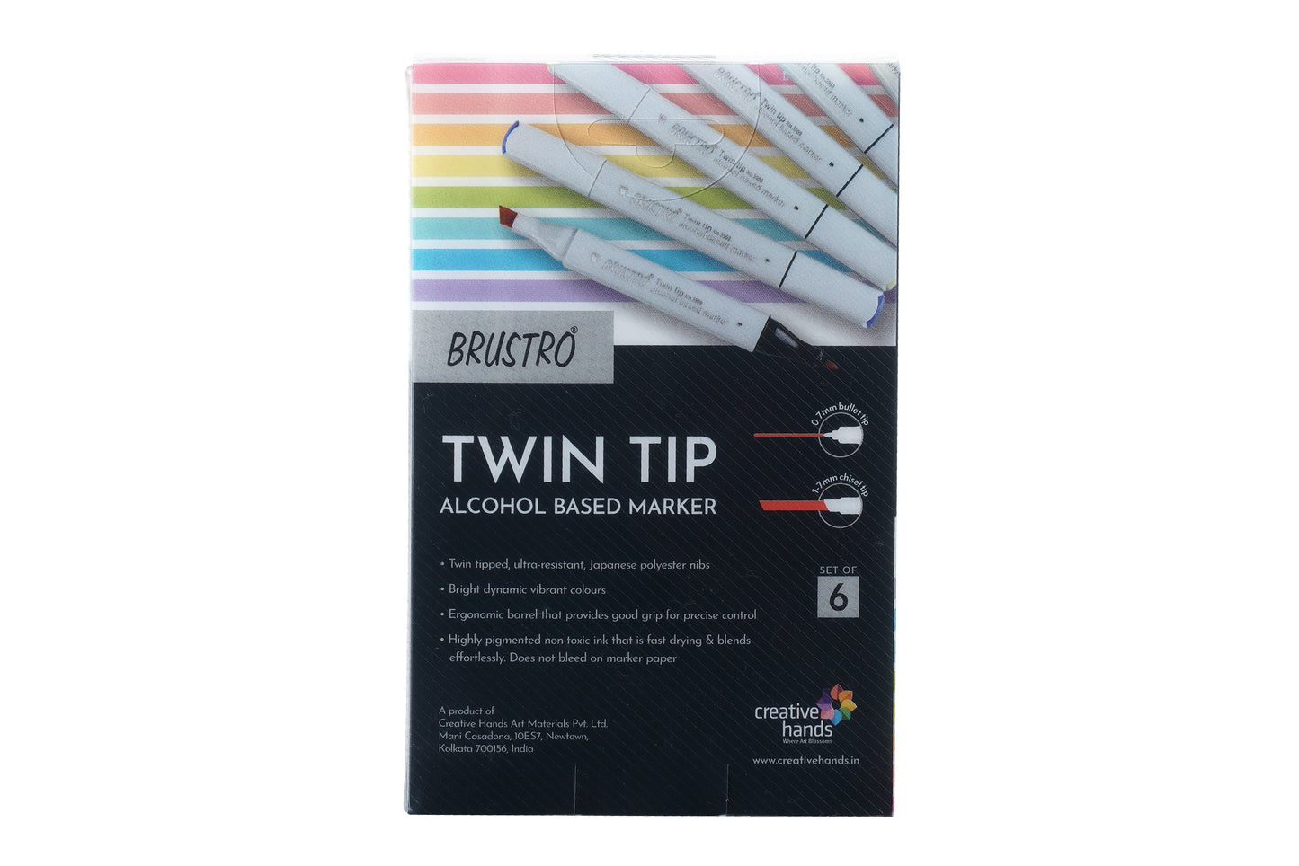 BRUSTRO Twin Tip Alcohol Based Marker Set of 6 in Crossline PP See Through Box - Tryout Set With random color selection