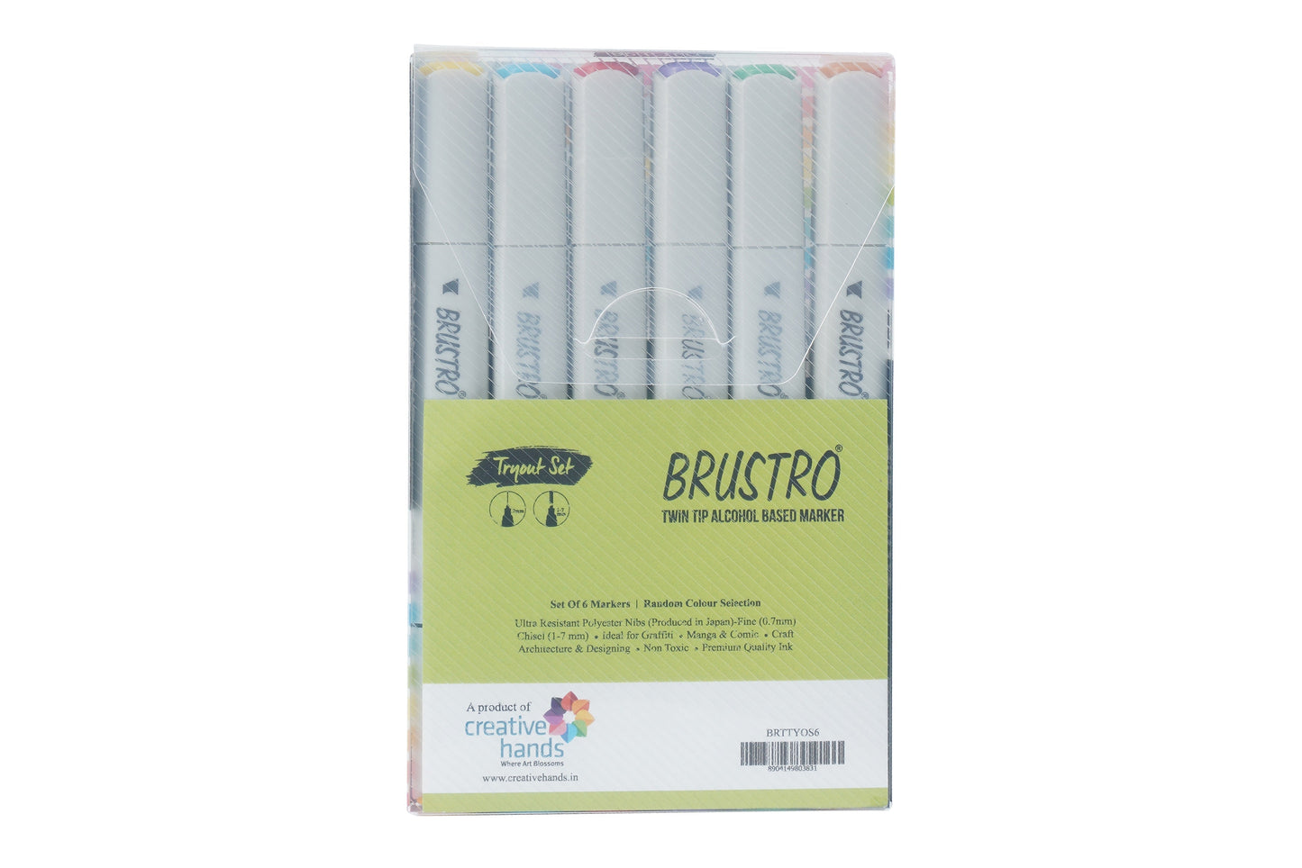 BRUSTRO Twin Tip Alcohol Based Marker Set of 6 in Crossline PP See Through Box - Tryout Set With random color selection