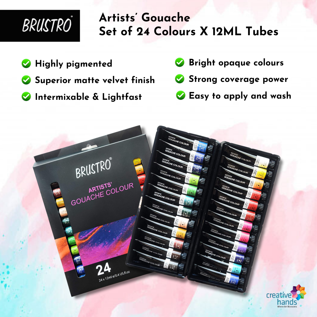 Brustro Artists Gouache Colour Set of 24 (12ML Tubes Each) + Synthetic Brush Set of 15 + Drawing Pad 200 GSM Wiro Bound.