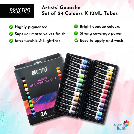 BRUSTRO Artist's Gouache Colour | Set of 24 Colors X 12ml Tubes |Perfect for Watercolor paper,Infinite Blending,Non-Toxic,Highly Pigmented,Ideal for Professional Artists,Graphic Designers,Illustrators