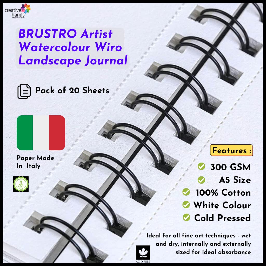 BRUSTRO Artist 100% Cotton Watercolour Wiro Bound Landscape Journal Cold Pressed 300 GSM, A5 - (20 Sheets)