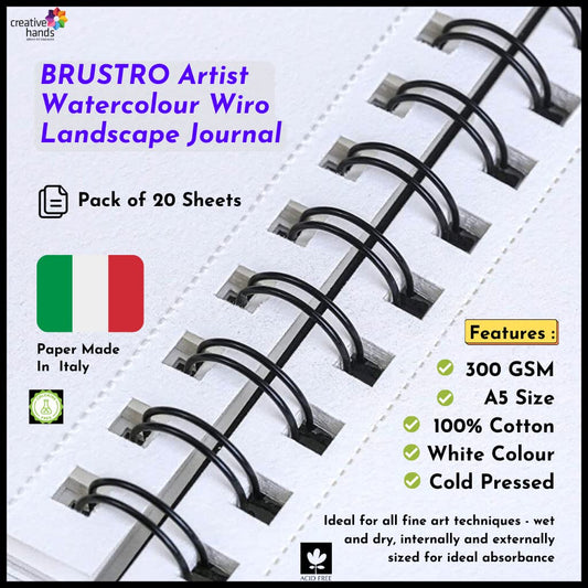 BRUSTRO Artist 100% Cotton Watercolour Wiro Bound Landscape Journal Cold Pressed 300 GSM, A5 - (20 Sheets)