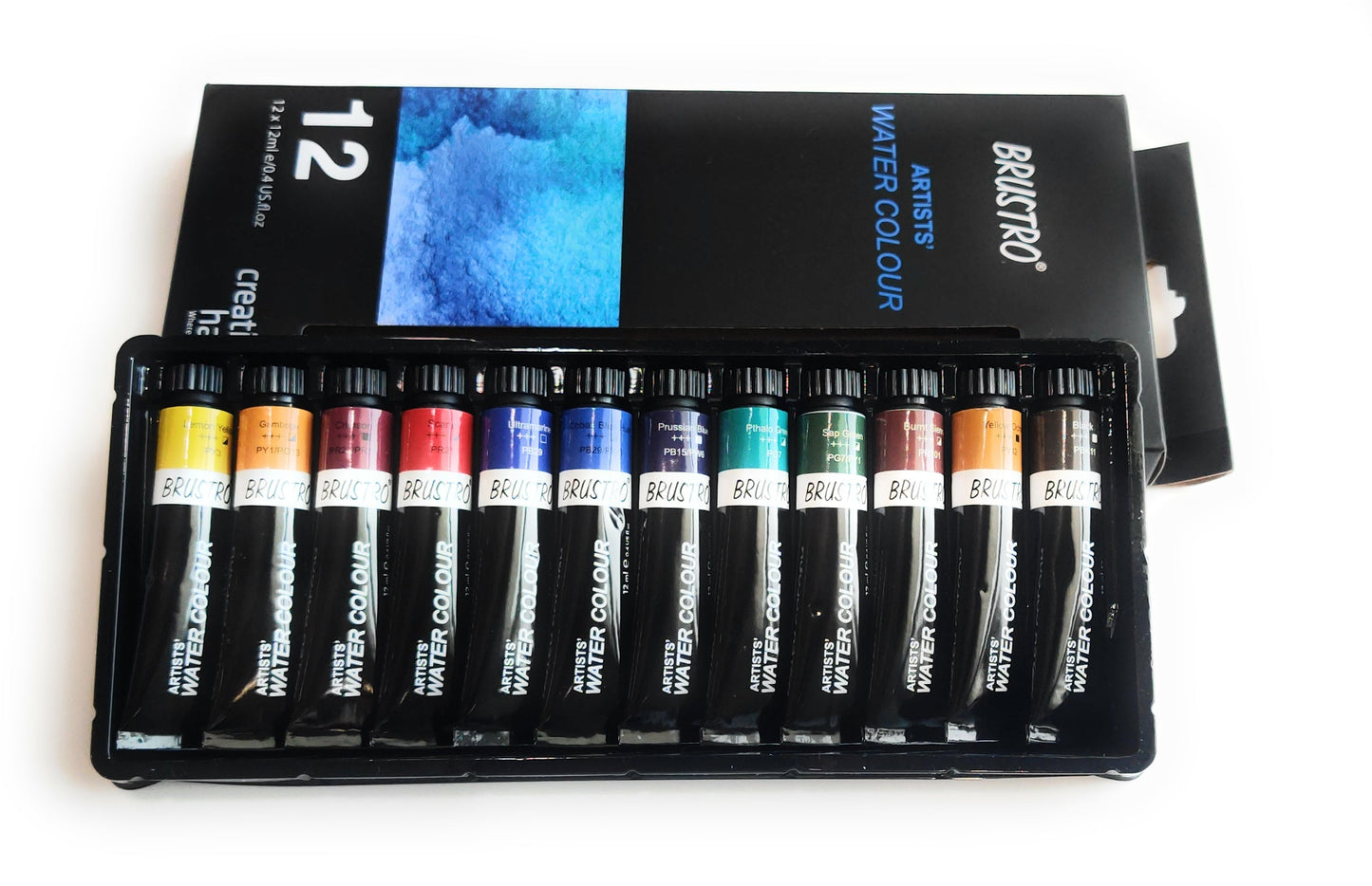 BRUSTRO Artist's Watercolour Paint | Set of 12 Colours X 12ML Tubes | Ideal for Landscape, Portrait, Paper, Painting, Artist, Professional watercolor, Transparent Colors, Painting Dry & Wet, Fine Art