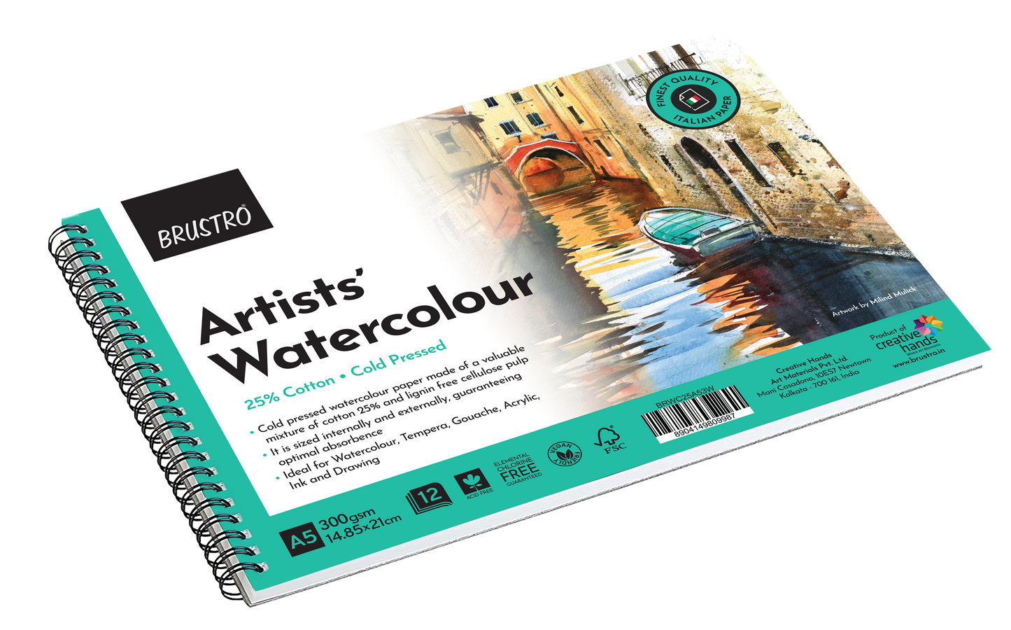 BRUSTRO Artist Watercolour Pad 25% Cotton 300 GSM A5 Wiro - 12 Sheets