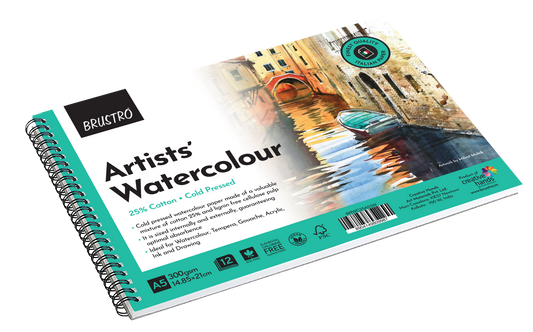 BRUSTRO Artist Watercolour Pad 25% Cotton 300 GSM A5 Wiro - 12 Sheets