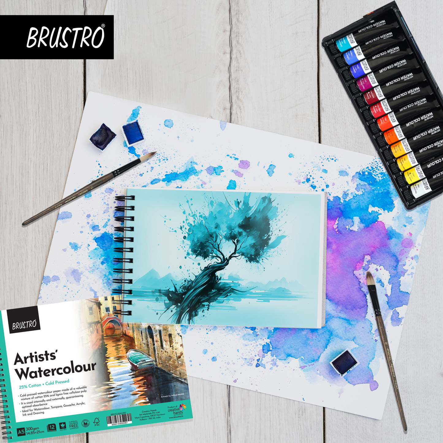 BRUSTRO Artist Watercolour Pad 25% Cotton 300 GSM A5 Wiro - 12 Sheets