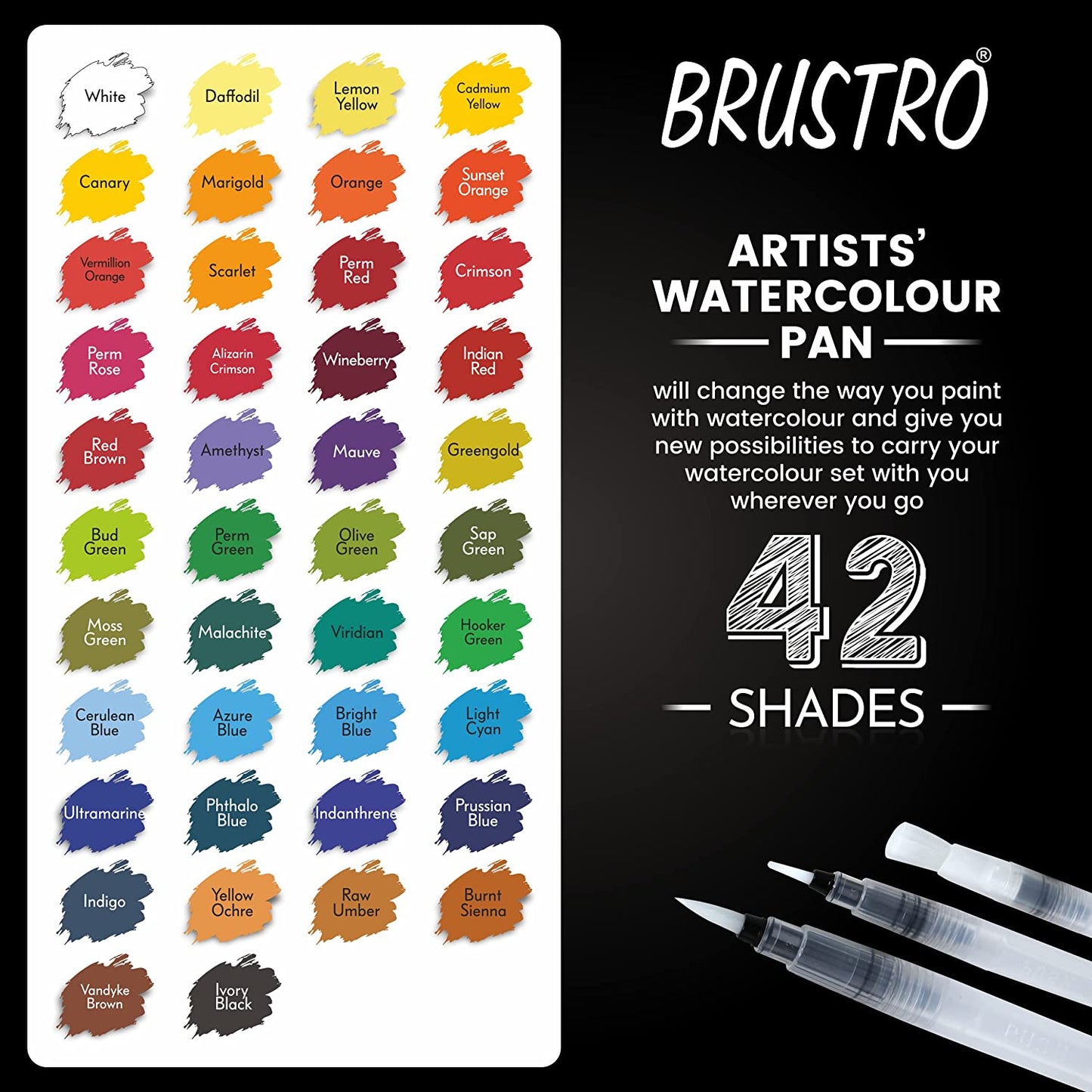 BRUSTRO Artist's Watercolour Paint Pan (Set of 42 Colors) with Artists Watercolour Paper 300 GSM, 25% Cotton, Cold Pressed, A4 (Pack of 12), A3 (Pack of 6) & A5 (Pack of 24)