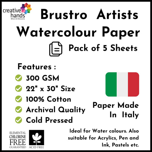 Brustro Artists’ Watercolour Paper 100% Cotton CP 300 Gsm, Size – 22"x 28" ( 5 sheets )