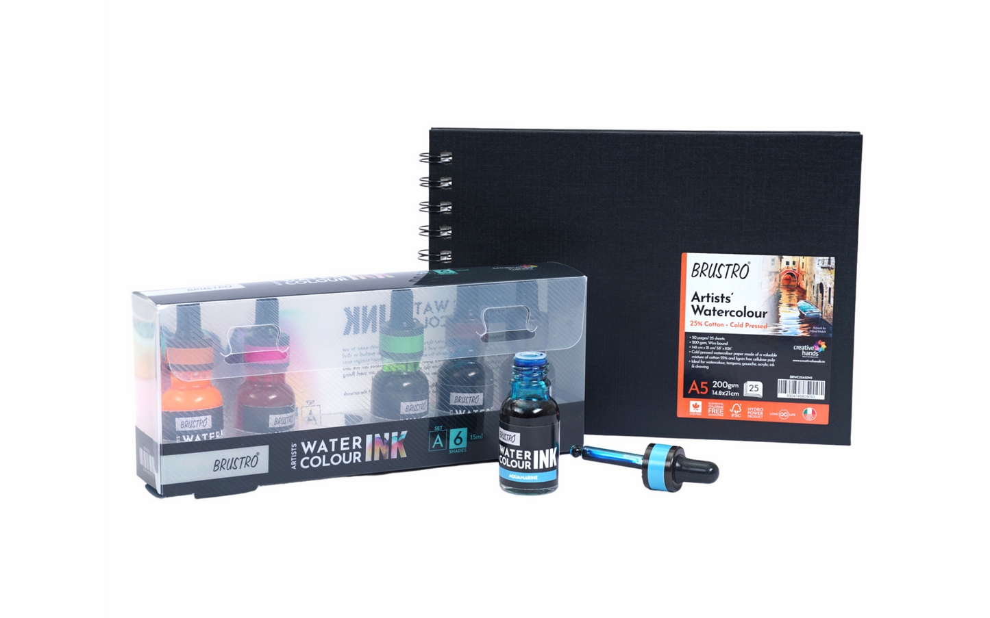 Brustro Watercolour Ink Set A of 6 x 15ml (6 Shades with Free Watercolour A5 Wiro Journal Worth Rs 399