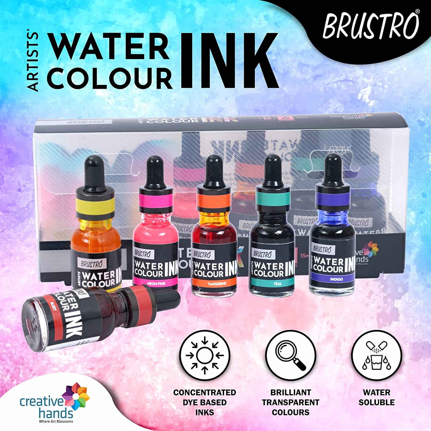 Brustro Watercolour Ink Set B of 6 x 15ml (6 Shades with Free Watercolour A5 Wiro Journal Worth Rs 399)