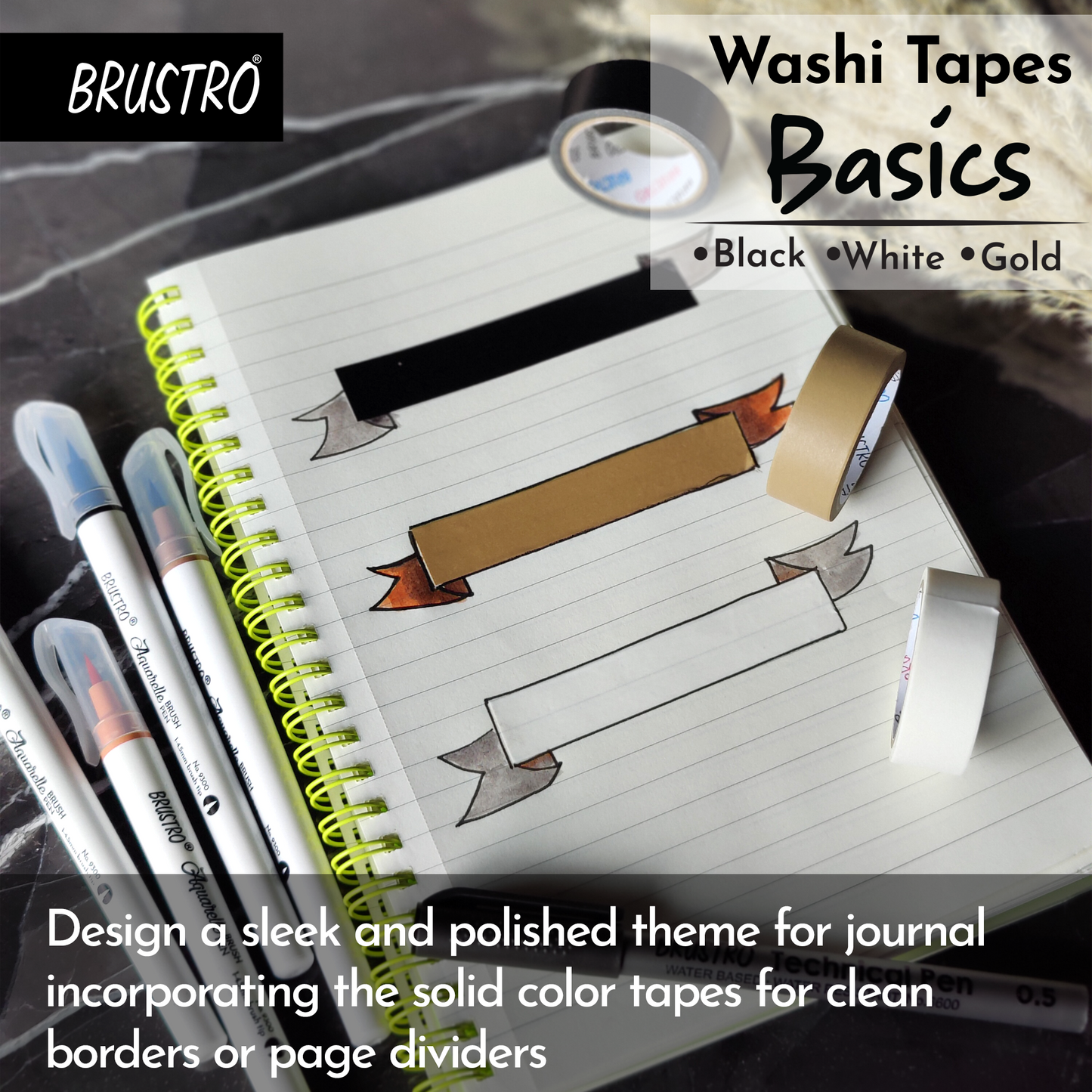 BRUSTRO Washi Tapes Basics Shade, 15 mm x 5 mtrs (set of 3)