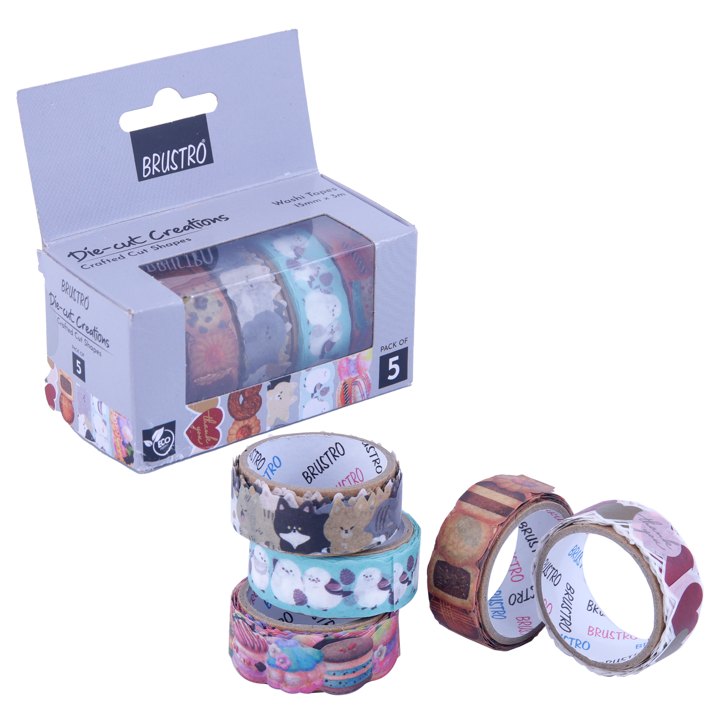 BRUSTRO Die-Cut Creations Washi Tapes | Set of 5 | 15 mm x 3 mtrs | Low Tack Adhesive, Ideal for Scrapbooking, Planners, Card/Gift Wrapping, DIY, Home Decor, Art & Craft Supplies