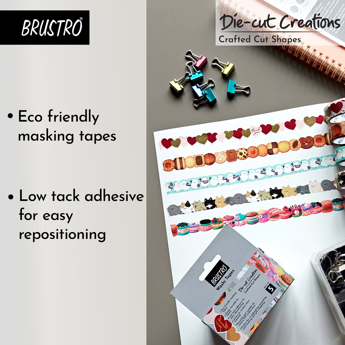BRUSTRO Die-Cut Creations Washi Tapes | Set of 5 | 15 mm x 3 mtrs | Low Tack Adhesive, Ideal for Scrapbooking, Planners, Card/Gift Wrapping, DIY, Home Decor, Art & Craft Supplies
