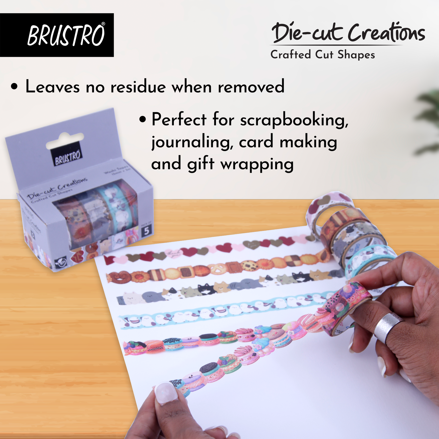 BRUSTRO Die-Cut Creations Washi Tapes | Set of 5 | 15 mm x 3 mtrs | Low Tack Adhesive, Ideal for Scrapbooking, Planners, Card/Gift Wrapping, DIY, Home Decor, Art & Craft Supplies