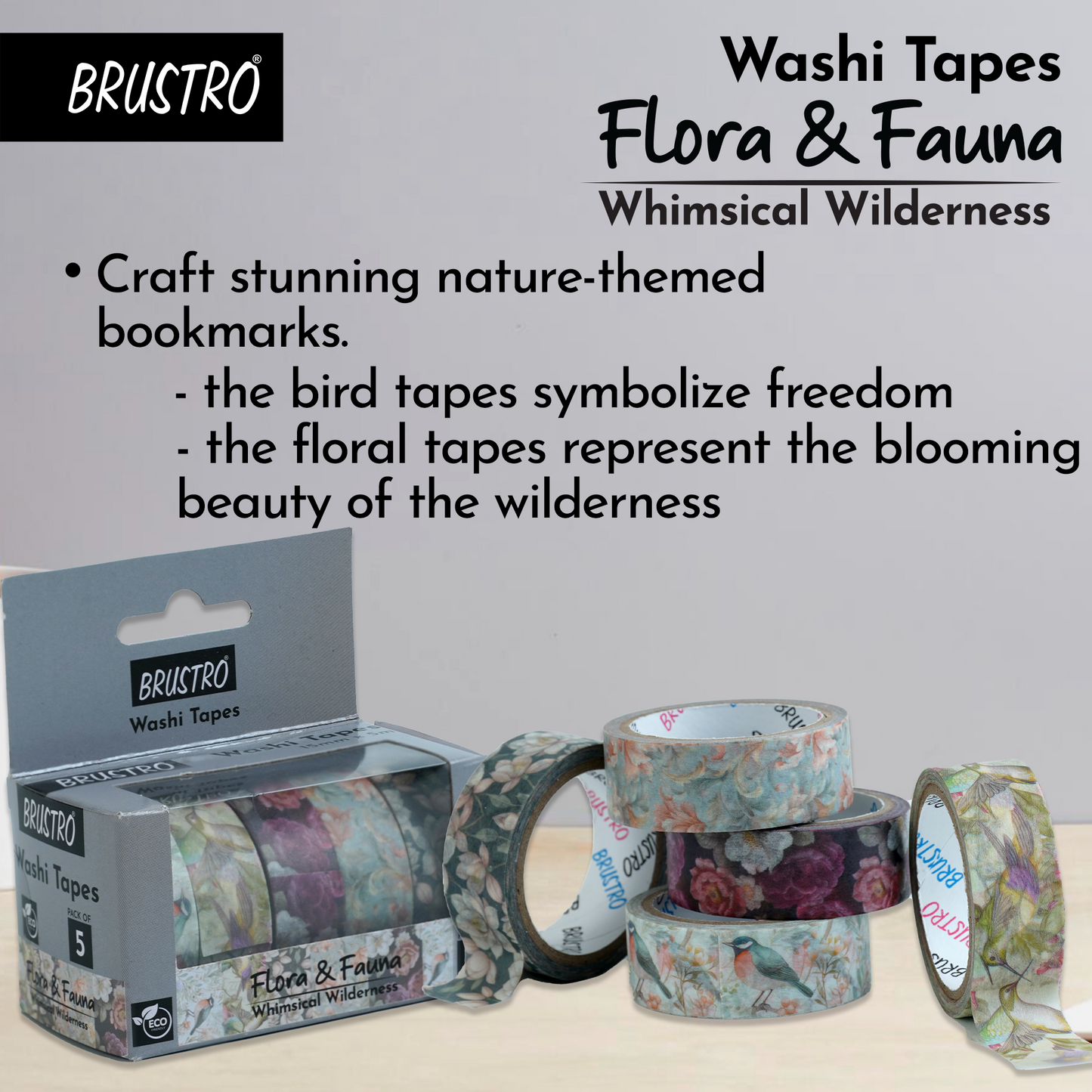BRUSTRO Washi Masking Tapes |Flora and Fauna Shade|15 mm x 5 mtrs (Set of 5)| Low Tack Adhesive, Ideal For Scrapbooking, Watercolor, Planners, Card/Gift Wrapping, DIY Decor and Craft Supplies