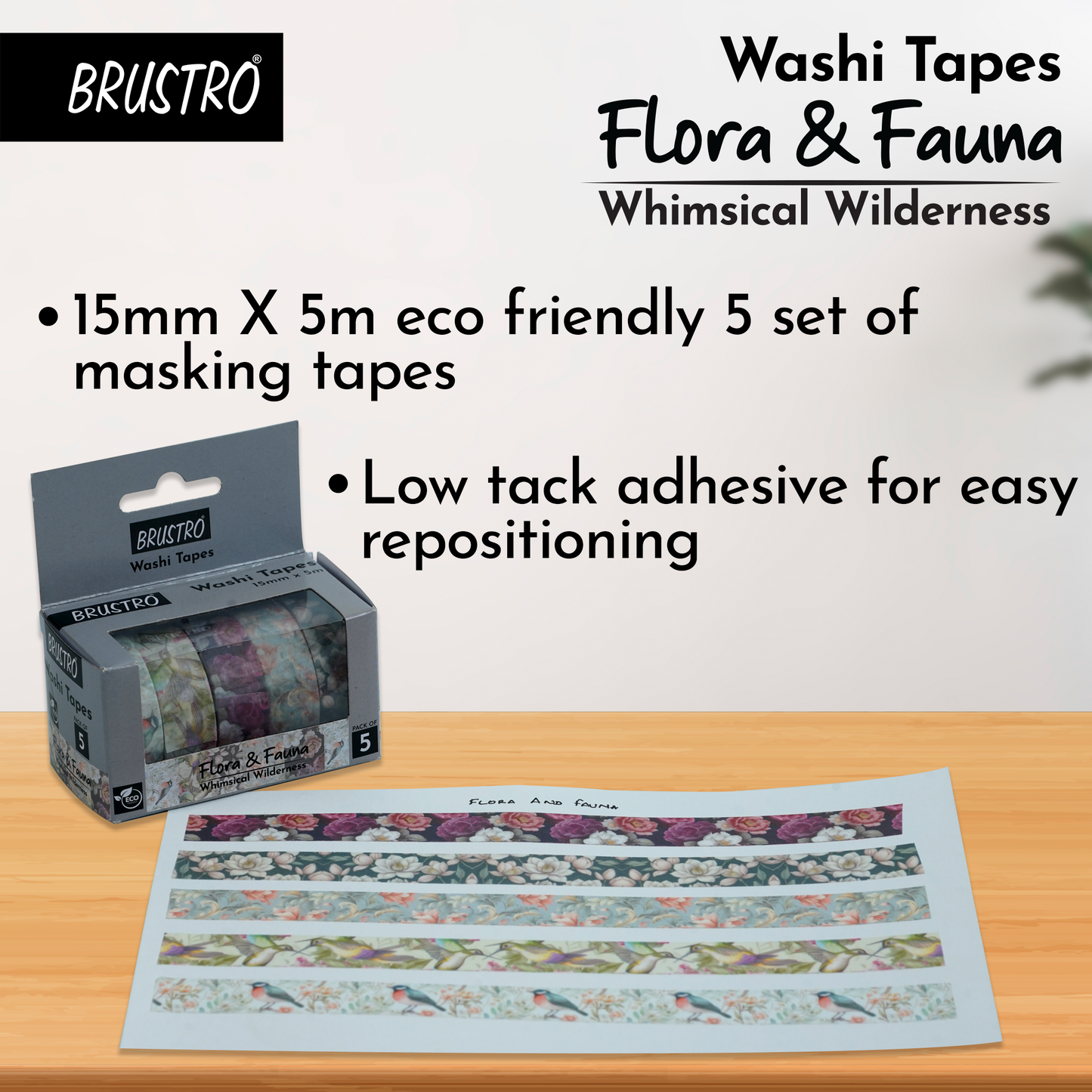 BRUSTRO Washi Masking Tapes |Flora and Fauna Shade|15 mm x 5 mtrs (Set of 5)| Low Tack Adhesive, Ideal For Scrapbooking, Watercolor, Planners, Card/Gift Wrapping, DIY Decor and Craft Supplies