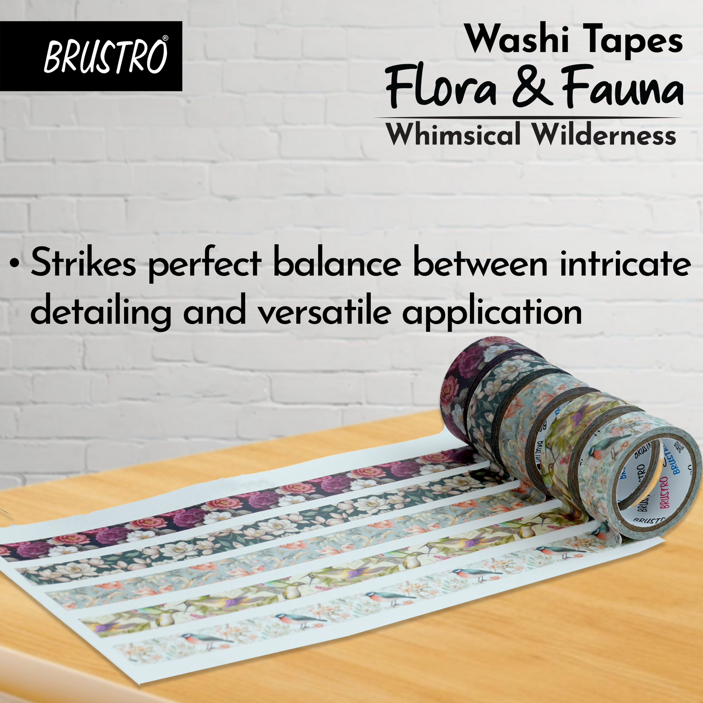 BRUSTRO Washi Masking Tapes |Flora and Fauna Shade|15 mm x 5 mtrs (Set of 5)| Low Tack Adhesive, Ideal For Scrapbooking, Watercolor, Planners, Card/Gift Wrapping, DIY Decor and Craft Supplies