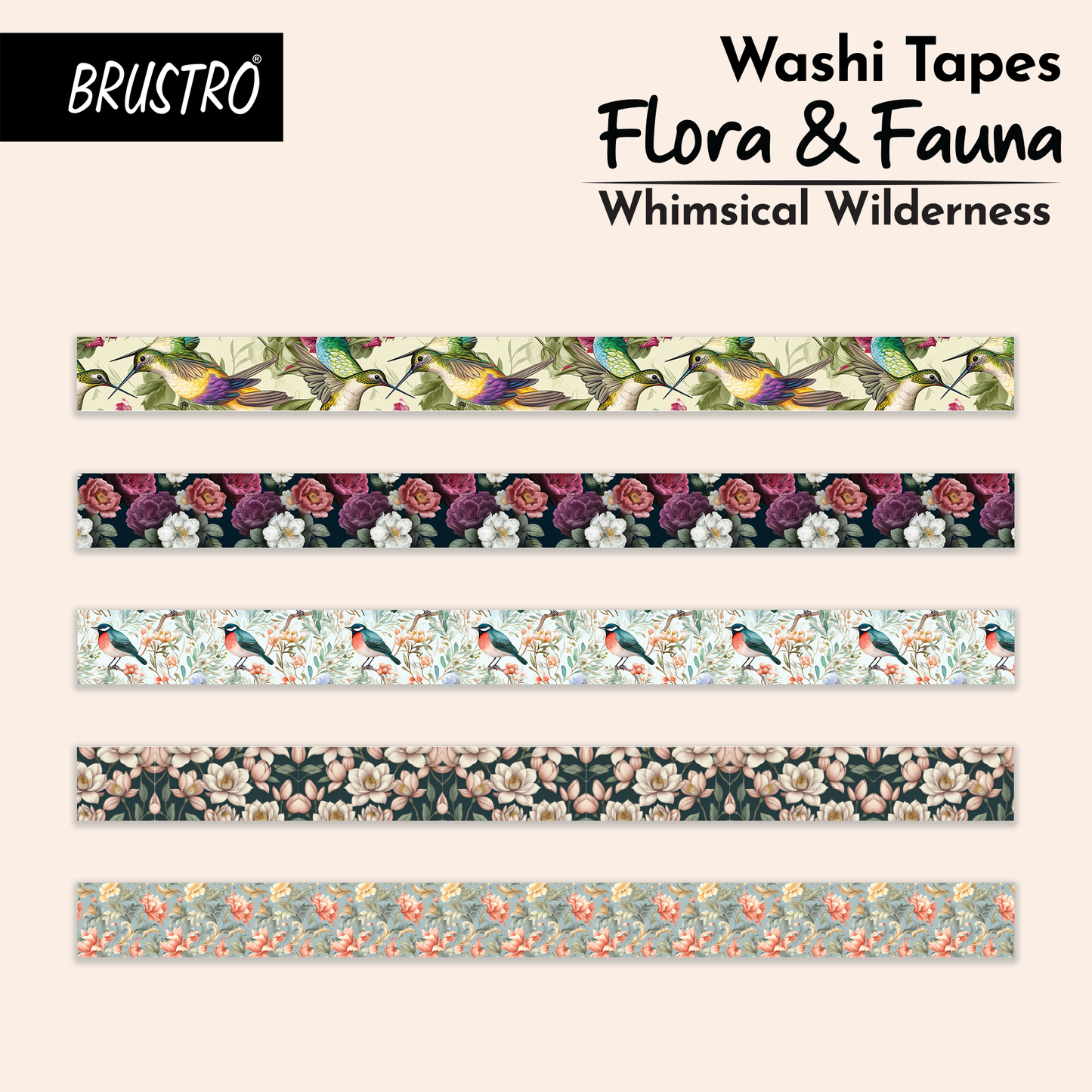 BRUSTRO Washi Masking Tapes |Flora and Fauna Shade|15 mm x 5 mtrs (Set of 5)| Low Tack Adhesive, Ideal For Scrapbooking, Watercolor, Planners, Card/Gift Wrapping, DIY Decor and Craft Supplies