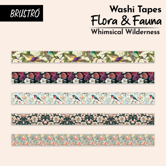 BRUSTRO Washi Masking Tapes |Flora and Fauna Shade|15 mm x 5 mtrs (Set of 5)| Low Tack Adhesive, Ideal For Scrapbooking, Watercolor, Planners, Card/Gift Wrapping, DIY Decor and Craft Supplies