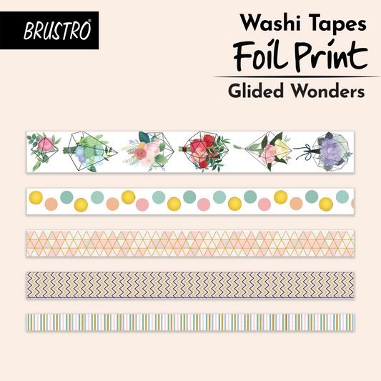 BRUSTRO Washi Tapes Foil Prints Glided Wonders Shade, Set of 5 (25 mm x 5m - 1 Tape, 15 mm x 5m - 3 Tapes, 7mm x 5m - 1 Tape)