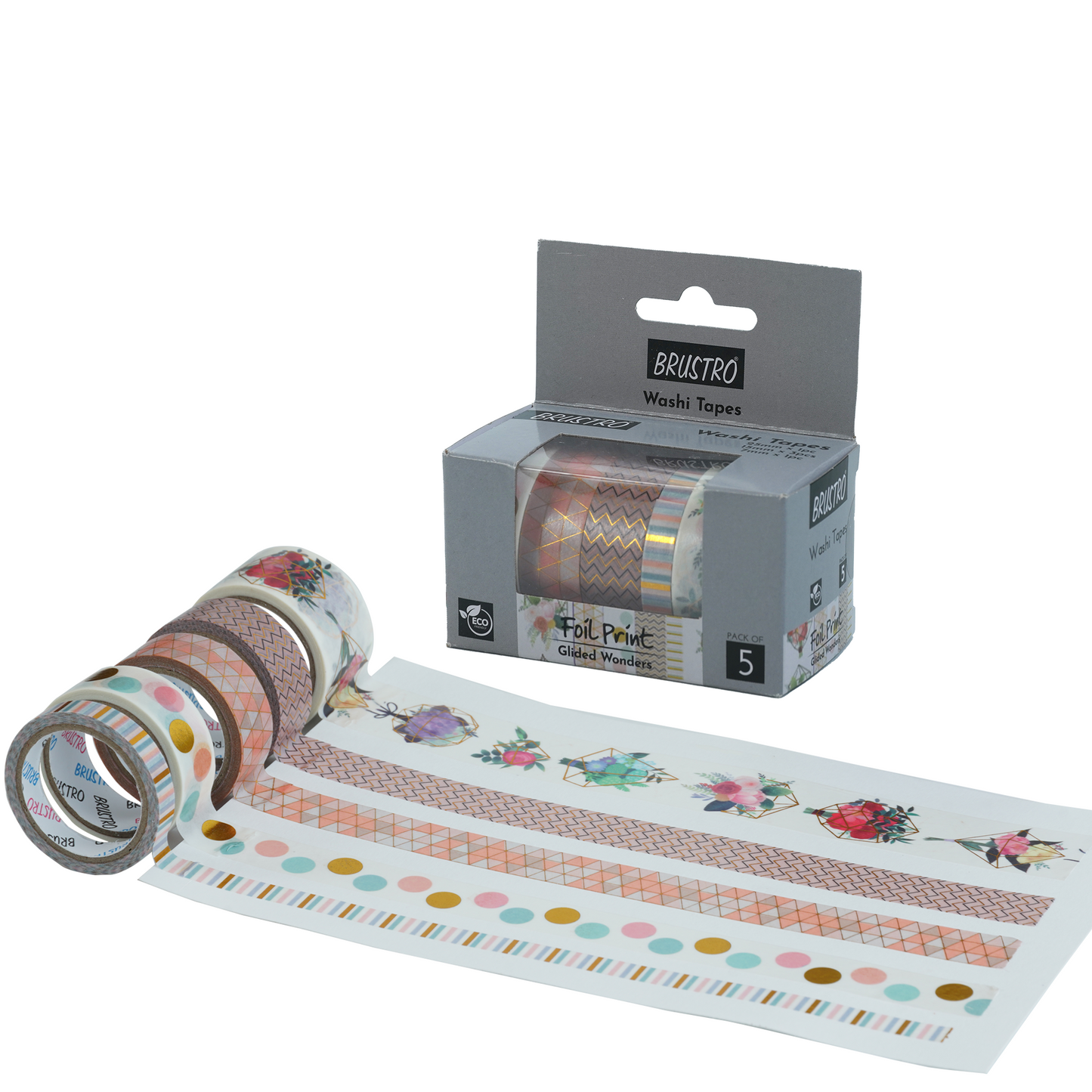 BRUSTRO Washi Tapes Foil Prints Glided Wonders Shade, Set of 5 (25 mm x 5m - 1 Tape, 15 mm x 5m - 3 Tapes, 7mm x 5m - 1 Tape)