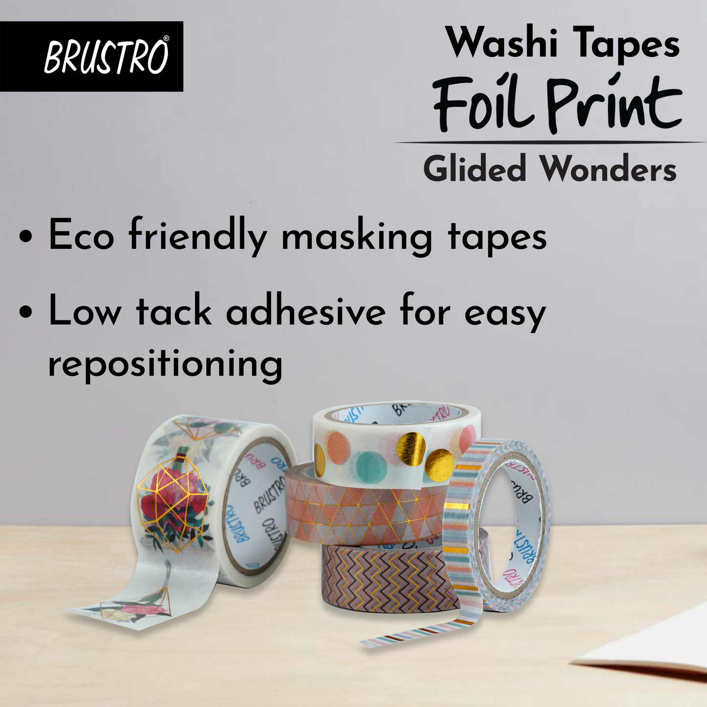 BRUSTRO Washi Tapes Foil Prints Glided Wonders Shade, Set of 5 (25 mm x 5m - 1 Tape, 15 mm x 5m - 3 Tapes, 7mm x 5m - 1 Tape)