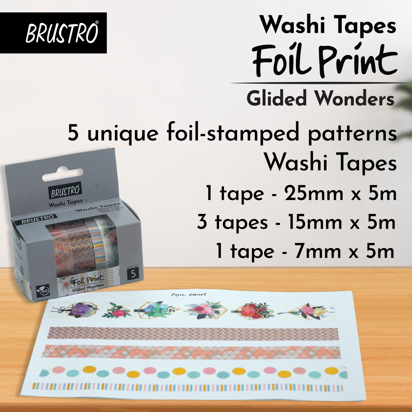BRUSTRO Washi Tapes Foil Prints Glided Wonders Shade, Set of 5 (25 mm x 5m - 1 Tape, 15 mm x 5m - 3 Tapes, 7mm x 5m - 1 Tape)