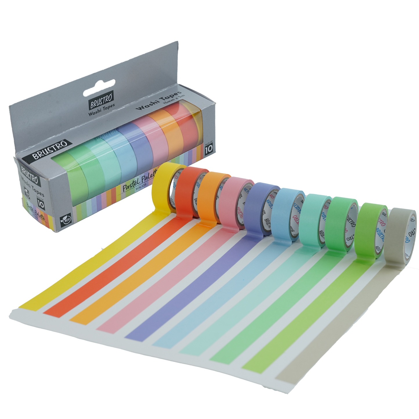 BRUSTRO Washi Tapes Pastel Palette Solids Shade, 15 mm X 5 mtrs (set of 10)