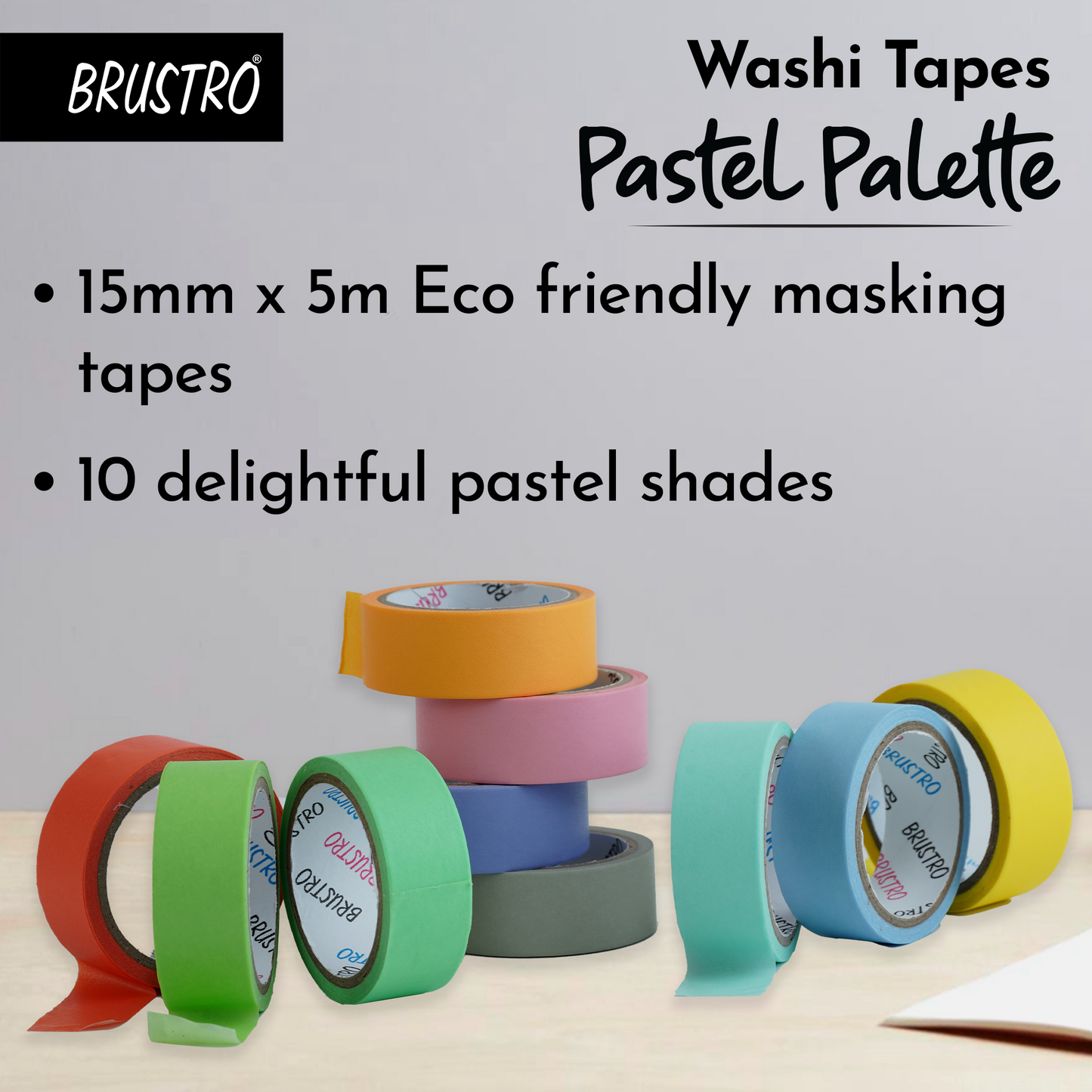 BRUSTRO Washi Tapes Pastel Palette Solids Shade, 15 mm X 5 mtrs (set of 10)