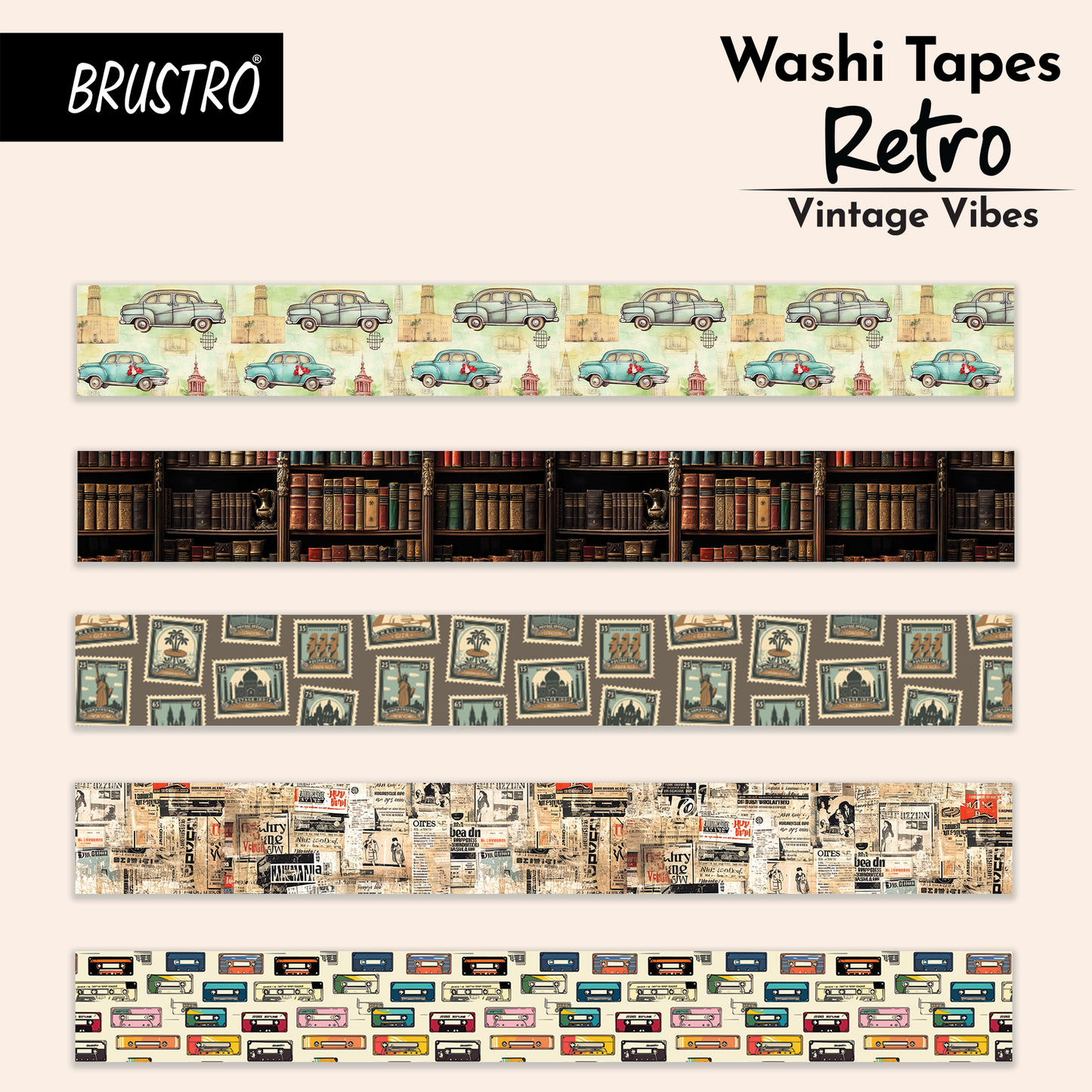 BRUSTRO Washi Tapes Retro Series, 20 mm x 5 m (set of 5)