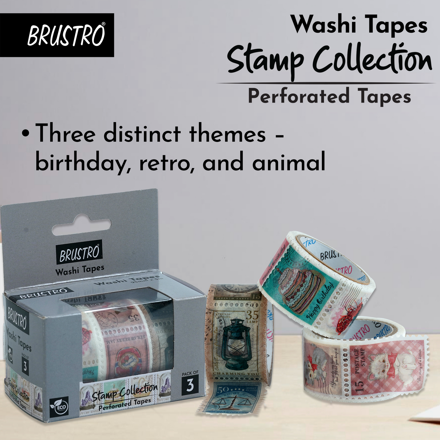 BRUSTRO Washi Tapes Stamp Collection Shade, 25 mm x 5 mtrs (set of 3)