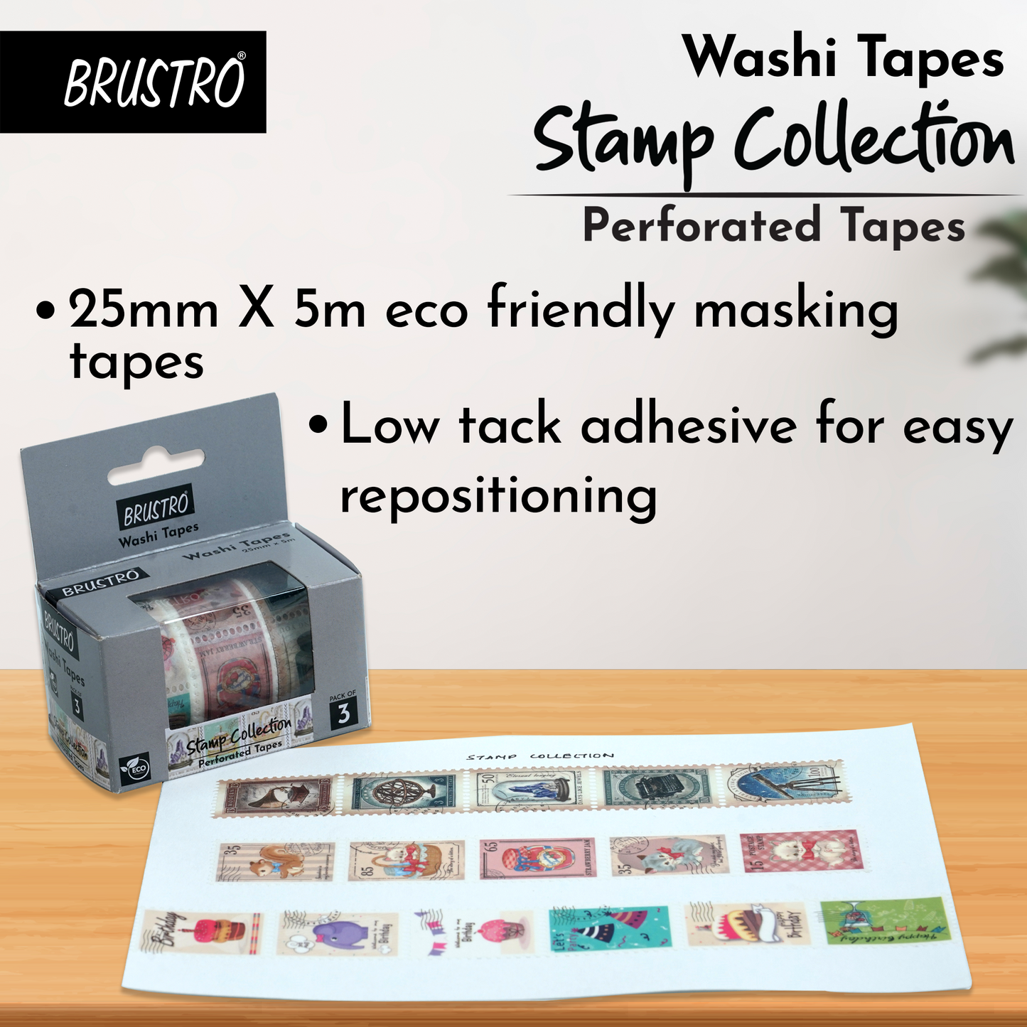 BRUSTRO Washi Tapes Stamp Collection Shade, 25 mm x 5 mtrs (set of 3)