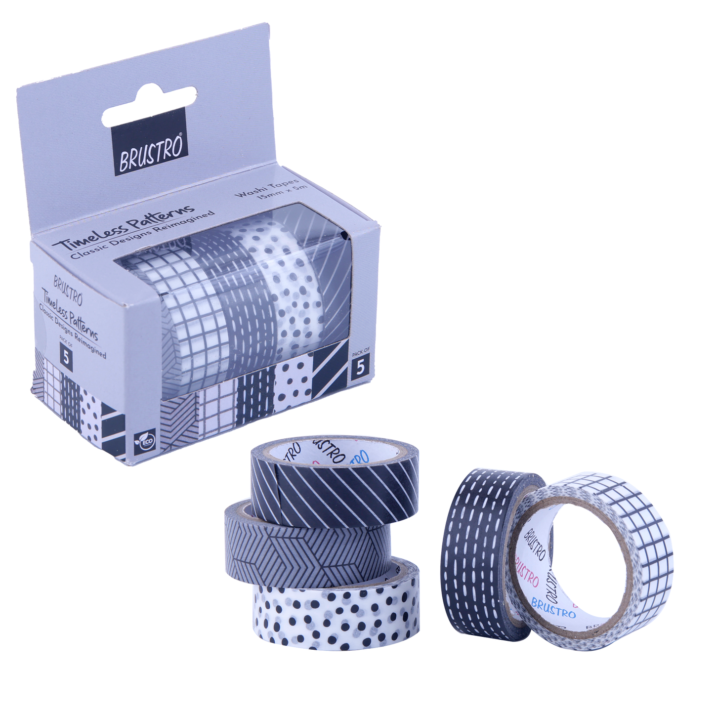 BRUSTRO Timeless Patterns Washi Tapes | Set of 5 | 15 mm x 5 mtrs | Low Tack Adhesive, Ideal for Scrapbooking, Planners, Card/Gift Wrapping, DIY, Home Decor, Art & Craft Supplies