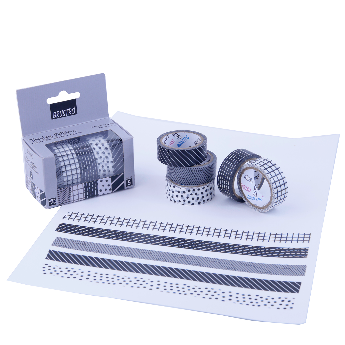 BRUSTRO Timeless Patterns Washi Tapes | Set of 5 | 15 mm x 5 mtrs | Low Tack Adhesive, Ideal for Scrapbooking, Planners, Card/Gift Wrapping, DIY, Home Decor, Art & Craft Supplies