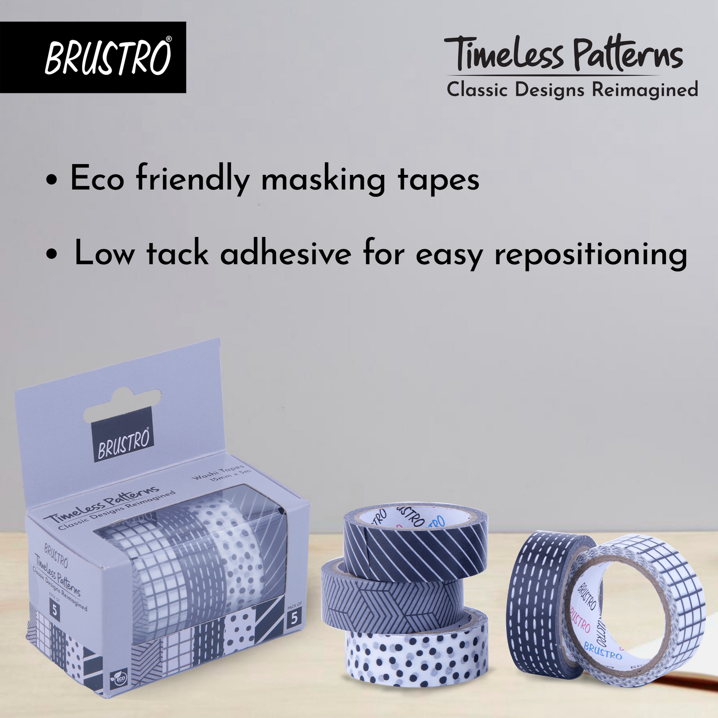 BRUSTRO Timeless Patterns Washi Tapes | Set of 5 | 15 mm x 5 mtrs | Low Tack Adhesive, Ideal for Scrapbooking, Planners, Card/Gift Wrapping, DIY, Home Decor, Art & Craft Supplies