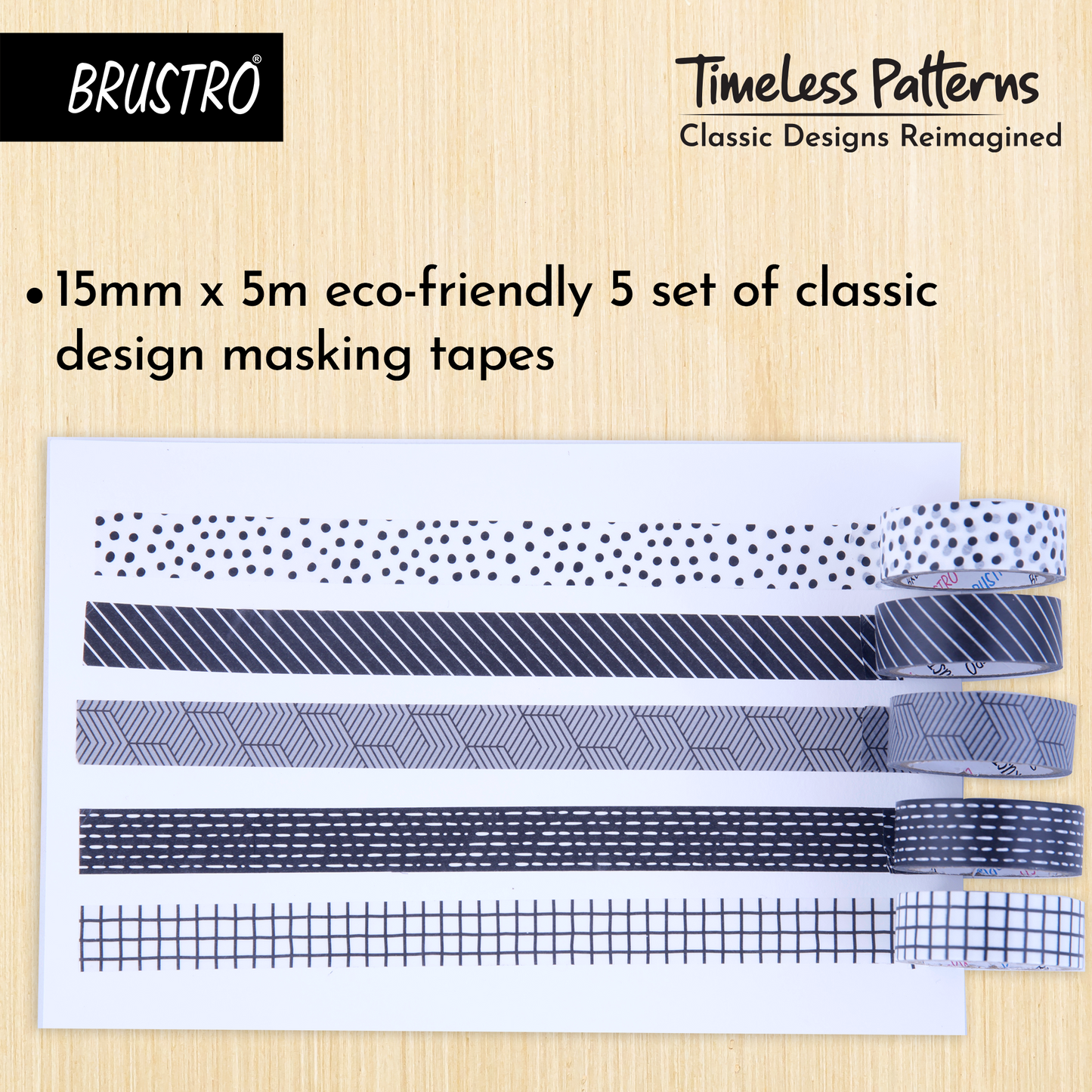 BRUSTRO Timeless Patterns Washi Tapes | Set of 5 | 15 mm x 5 mtrs | Low Tack Adhesive, Ideal for Scrapbooking, Planners, Card/Gift Wrapping, DIY, Home Decor, Art & Craft Supplies