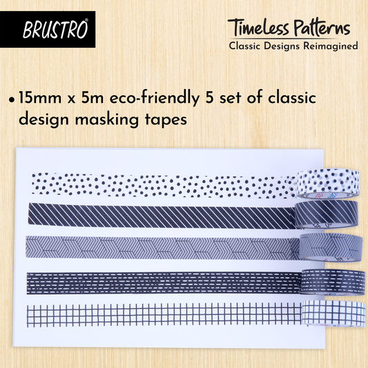 BRUSTRO Timeless Patterns Washi Tapes | Set of 5 | 15 mm x 5 mtrs | Low Tack Adhesive, Ideal for Scrapbooking, Planners, Card/Gift Wrapping, DIY, Home Decor, Art & Craft Supplies