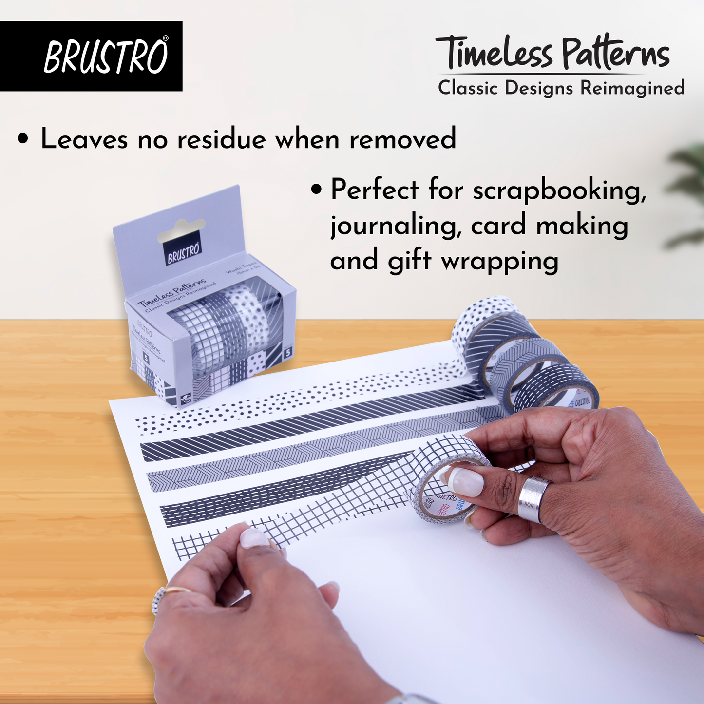 BRUSTRO Timeless Patterns Washi Tapes | Set of 5 | 15 mm x 5 mtrs | Low Tack Adhesive, Ideal for Scrapbooking, Planners, Card/Gift Wrapping, DIY, Home Decor, Art & Craft Supplies