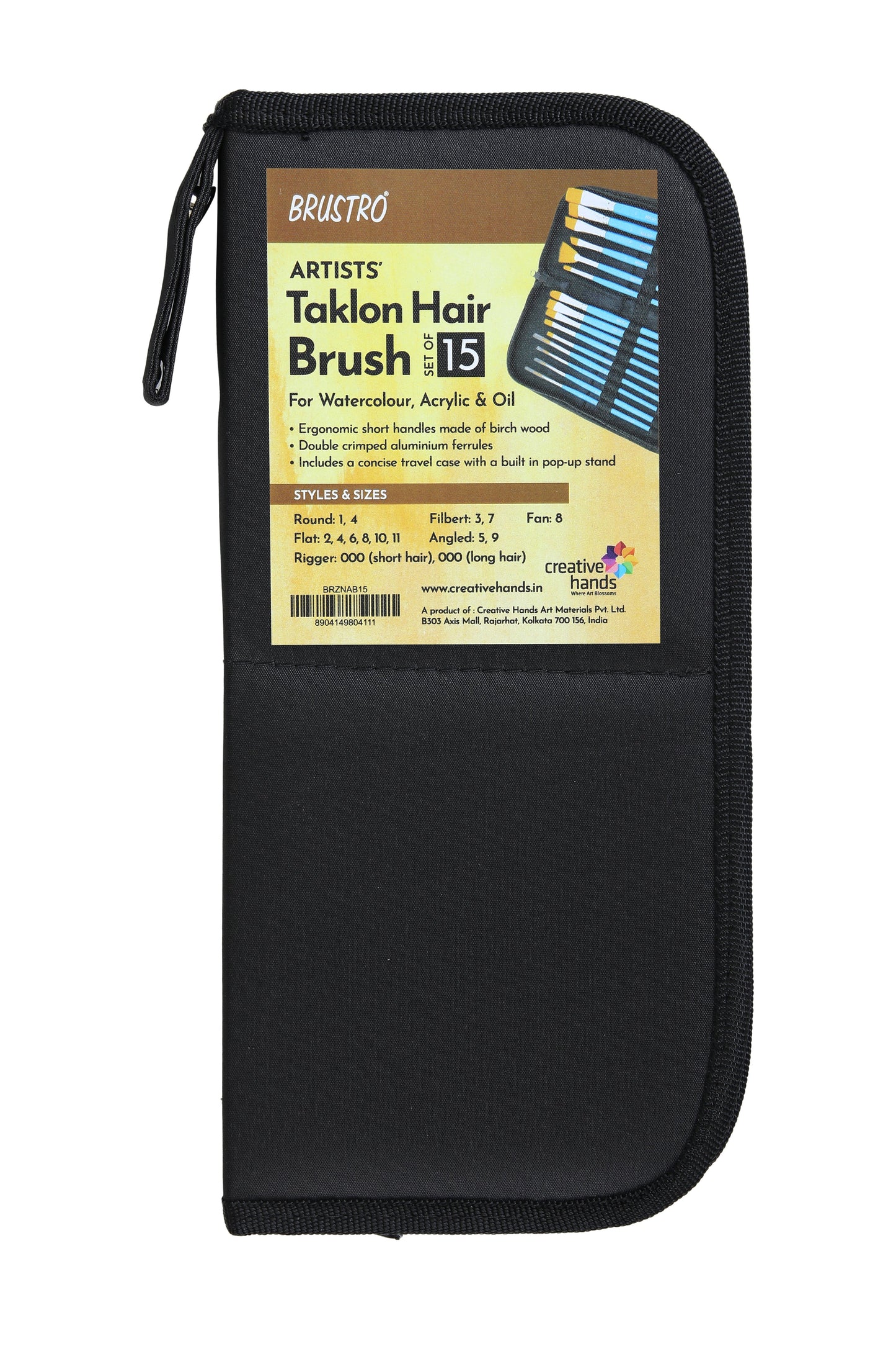 Brustro Synthetic Hair Short Handle Artists Brush Set of 15 in a Premium Zippered Brush Wallet