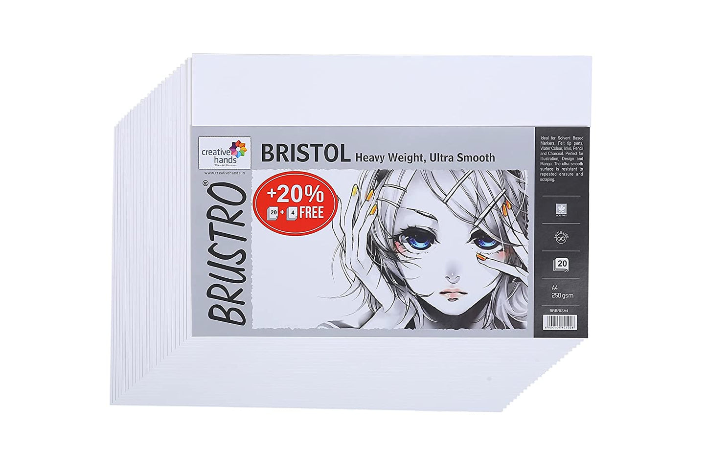 BRUSTRO Technical Pens Fineliner Set|Black| Set of 9|Ideal for Students,Adults|Doodle,Mandala,Fineart,Outline,Waterproof,Architecture,Technical Drawingwith Bristol Ultra Smooth A4 Size ( 20 +4 Sheets )