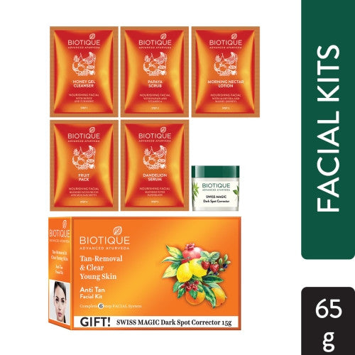 Biotique Anti Tan Facial Kit For Tan-Removal & Clear Young Skin - (5*10 gms + 15 gms)