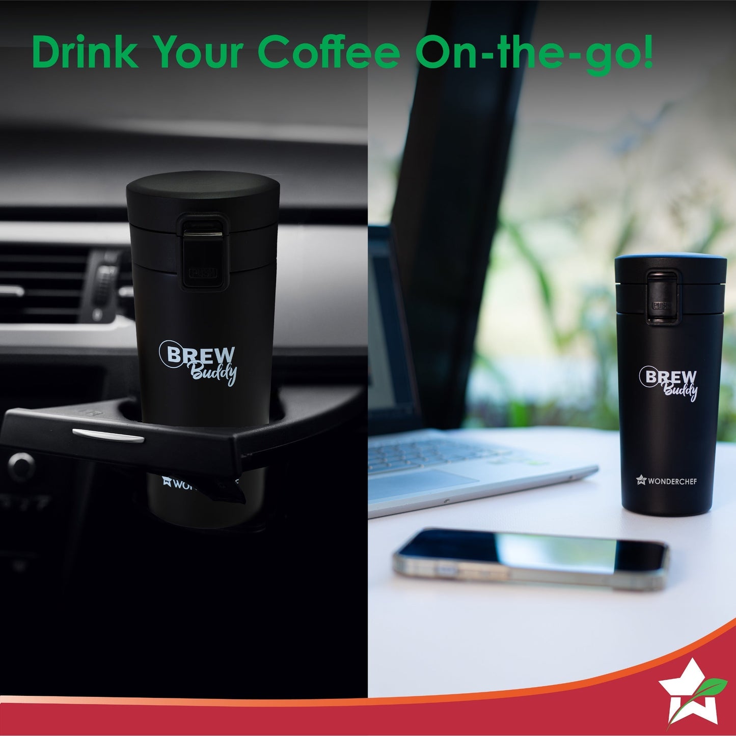 Brew Buddy Portable Coffee Mug | 380 ml | 304 Stainless Steel | Rust Proof | Copper Coated | Double Walled Vacuum Insulation | Safe-Lock System| Anti-Skid Base | 1 Year Warranty