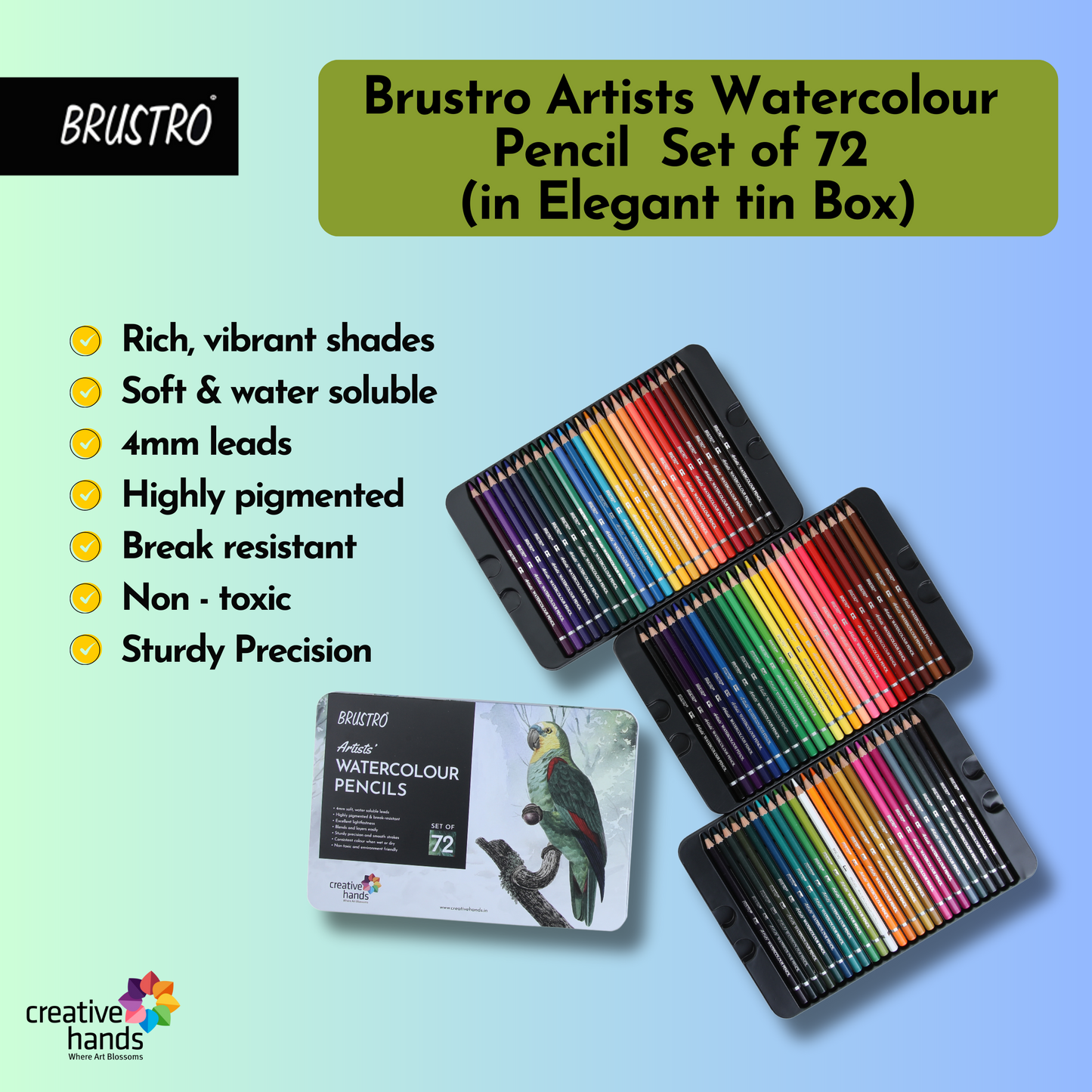 BRUSTRO Artists Watercolour Pencil Set of 72 in Elegant tin Box