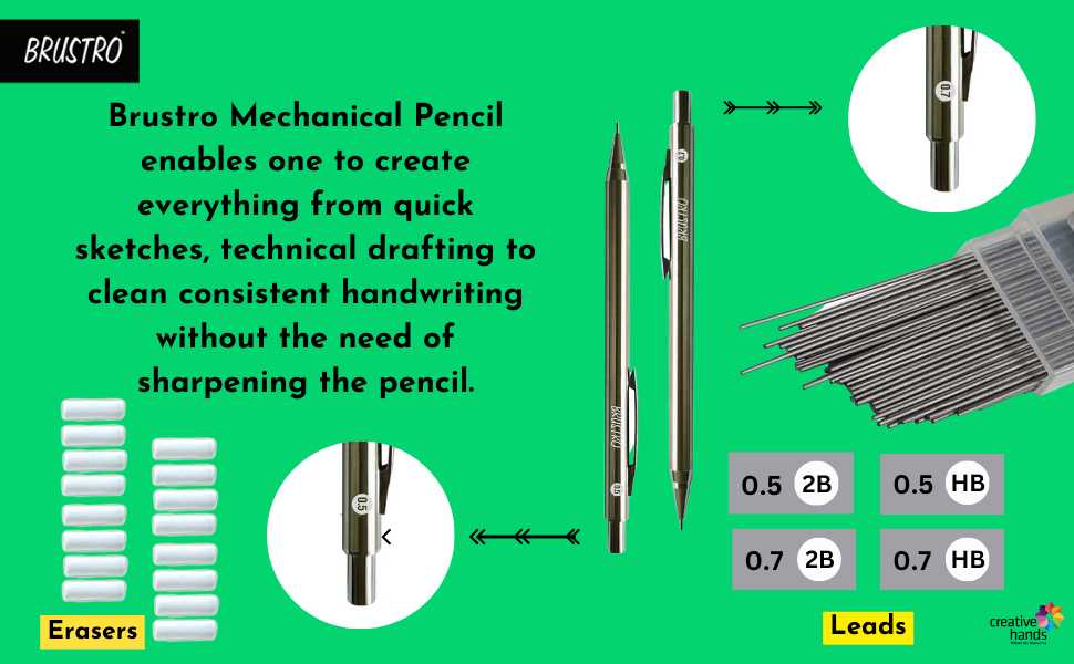BRUSTRO Mechanical Pencil Set | HB-20 leads, 2B-20 leads,Spare eraser 8 units|Tip size 0.7 mm | Ideal for Students,Adults, Home, School, Office, Stationery Use |Writing, Sketching, Drawing,Mandala Art