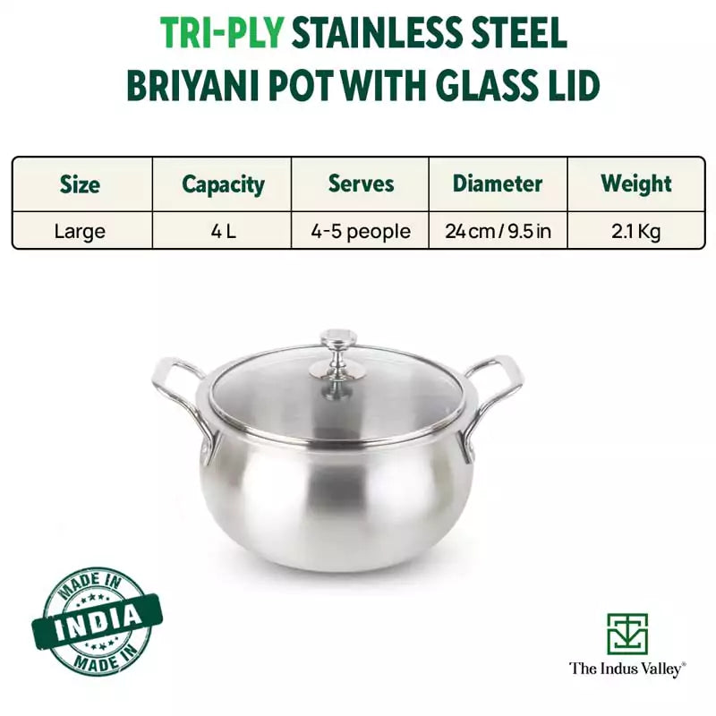 TurboCuk Tri-ply Stainless Steel Handi Casserole/ Biryani Cooking Pot+ Glass Lid, Premium Quality, 3 Layer Thick Body, 100% Toxin-free, Non-stick, Induction & Gas, 4L