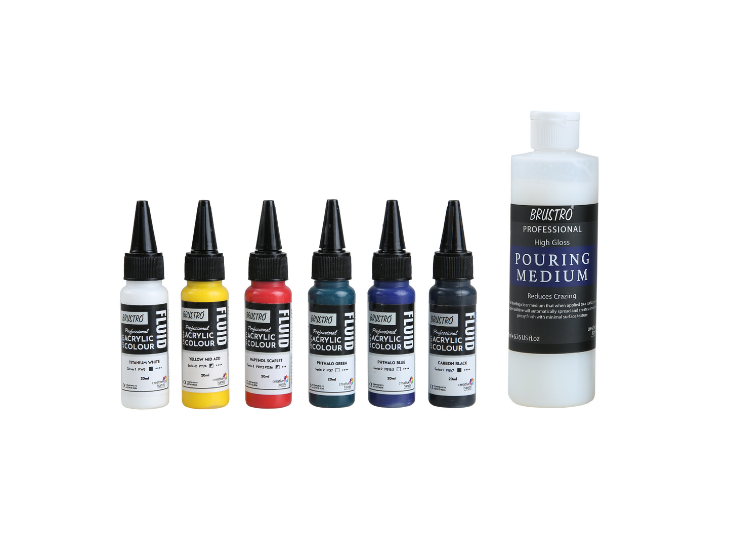 Brustro Professional Artists ’ Fluid Acrylic 20 ml Pack of 5 + 1 Free (Titanium White, Yellow Mid AZO, Napthol Scarlet, Phthalo Blue, Phthalo Green and Carbon Black) with Pouring Medium 200 ml