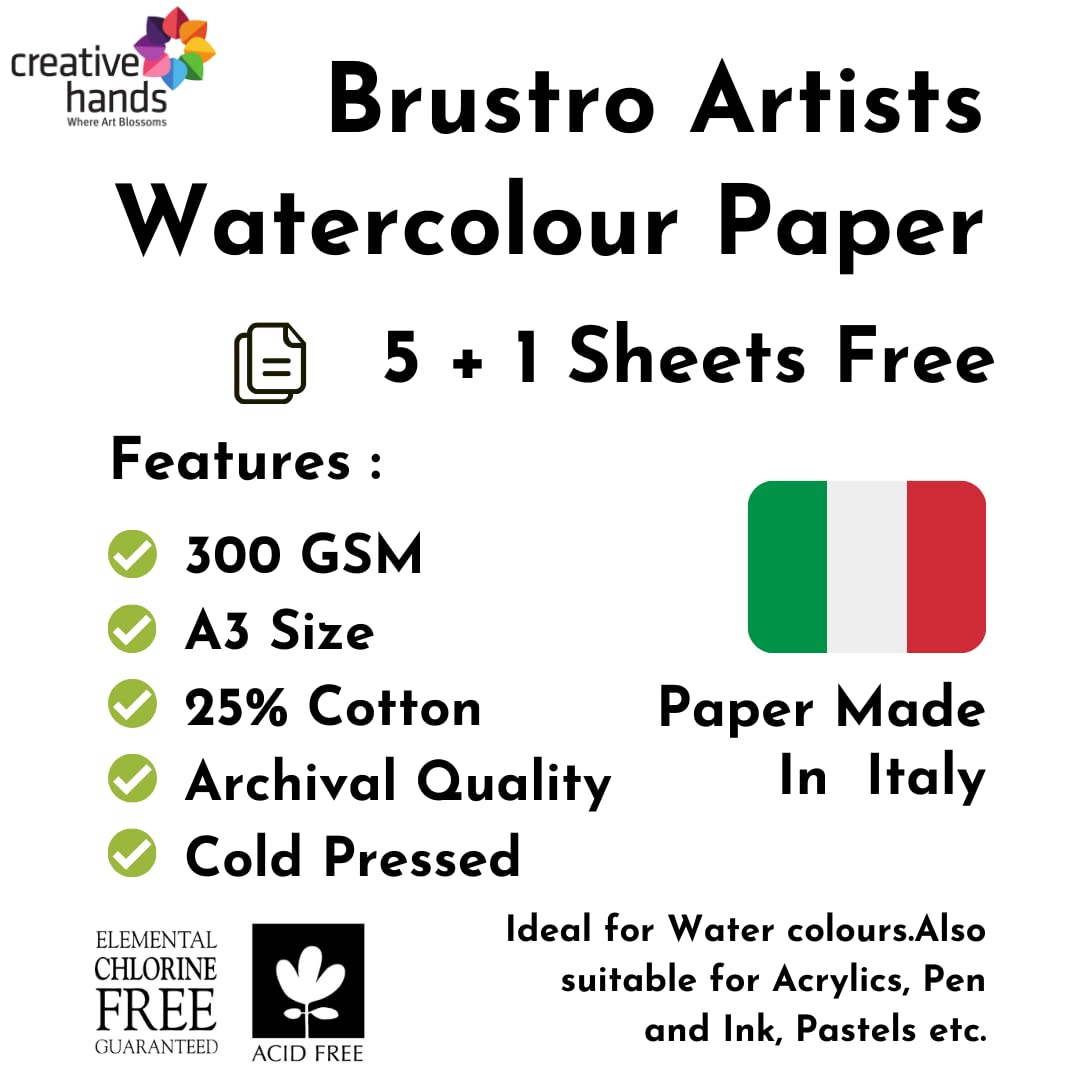 Brustro Artists Watercolour Paper, 300 GSM, A3-25% Cotton, Cold Pressed, 5+1 Sheet